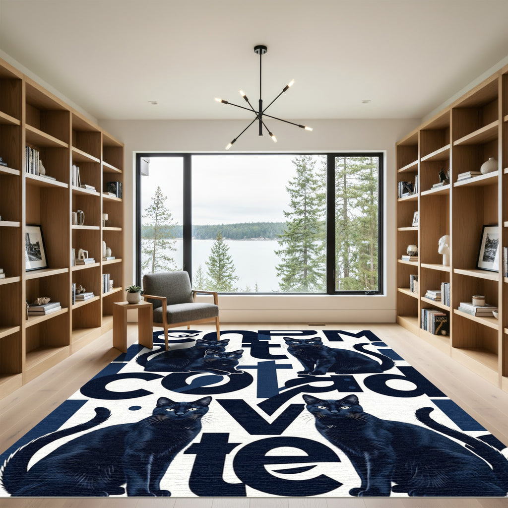 Modern Black Cat Typographic Art Rug