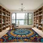 Vibrant Azure Golden Mandala Star Medallion Rug