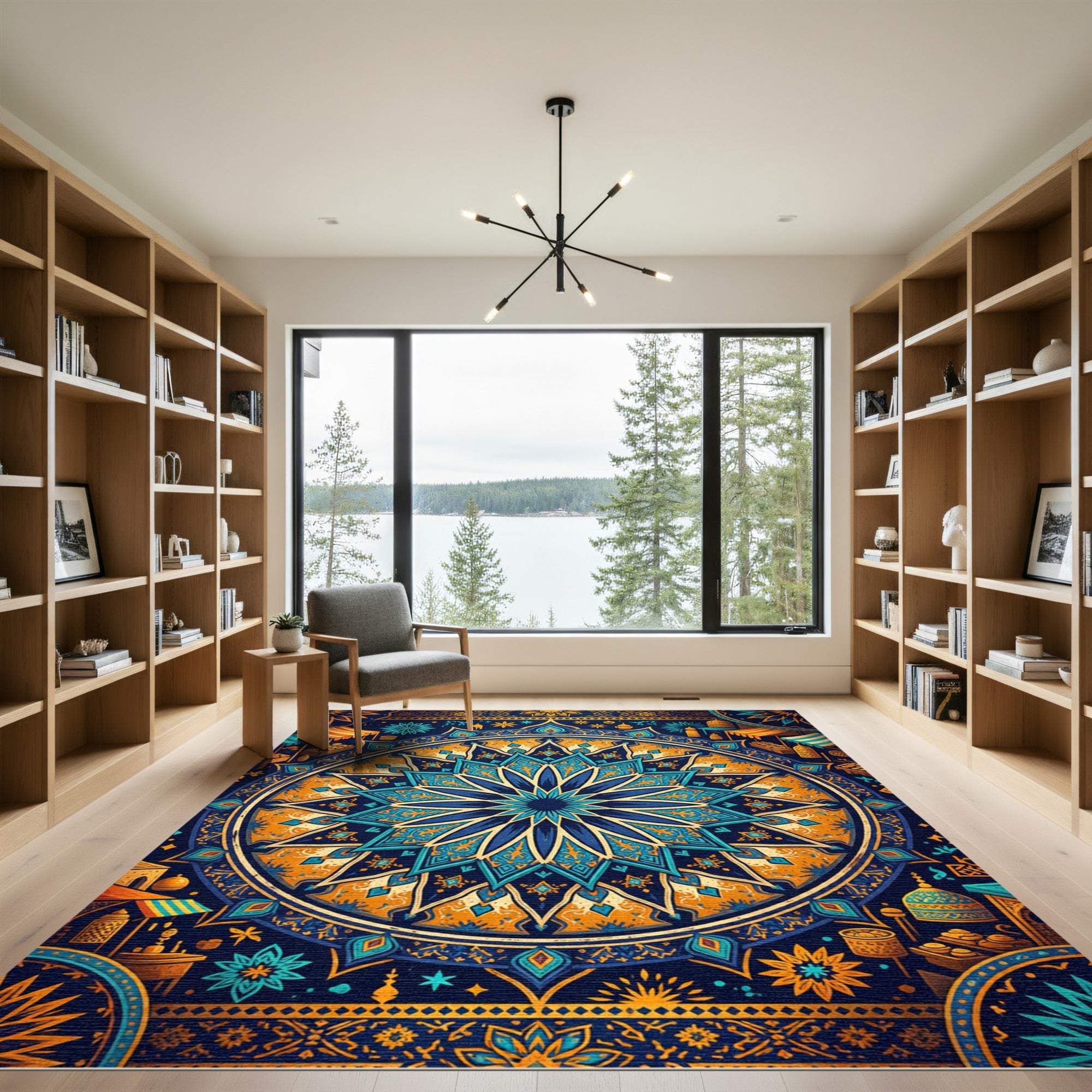 Vibrant Azure Golden Mandala Star Medallion Rug