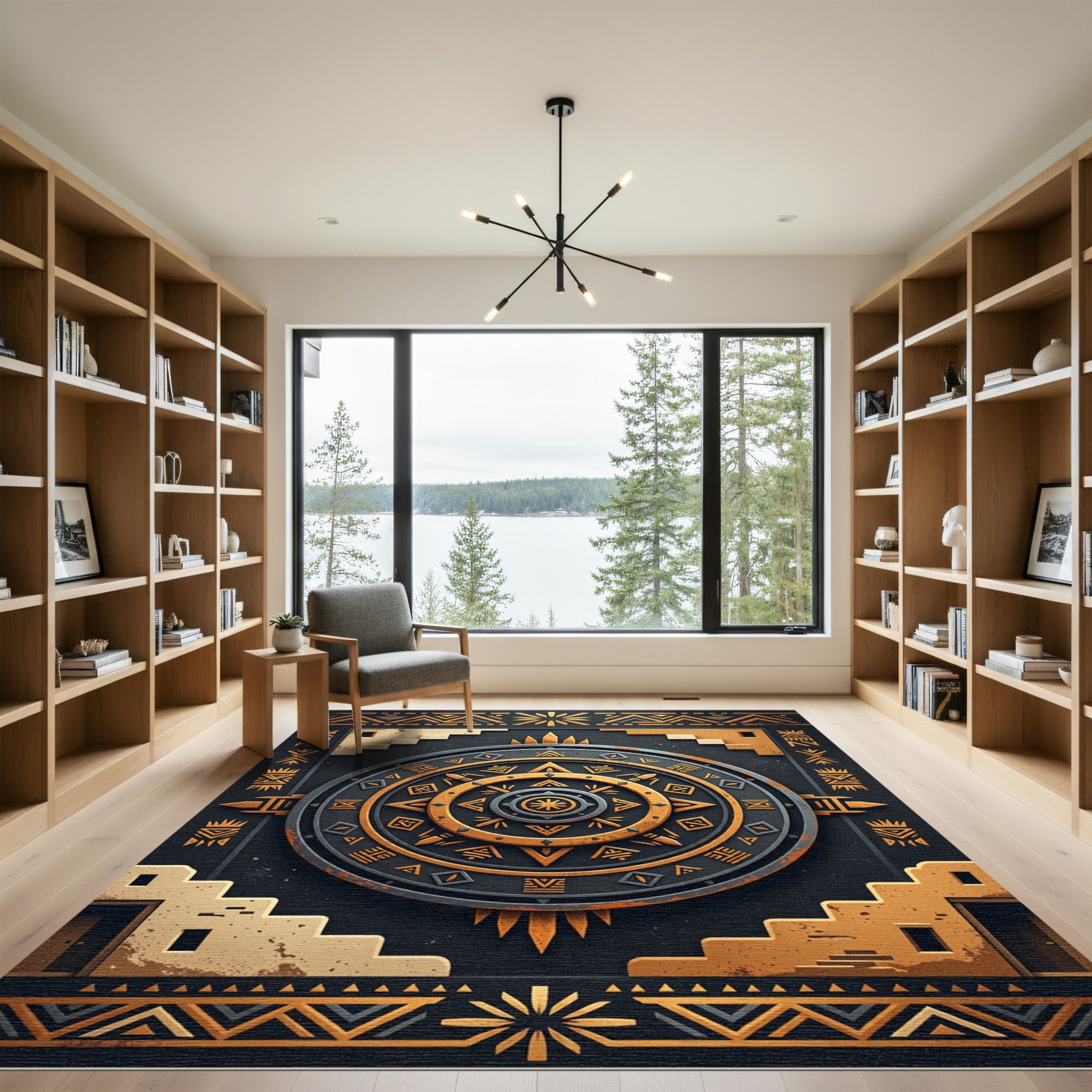 Golden Aztec Celestial Sun Geometric Area Rug