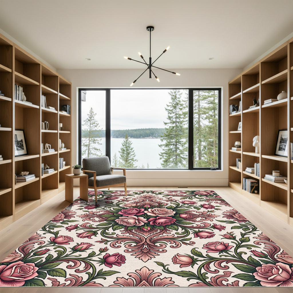 Elegant Dusty Rose Floral Damask Rug