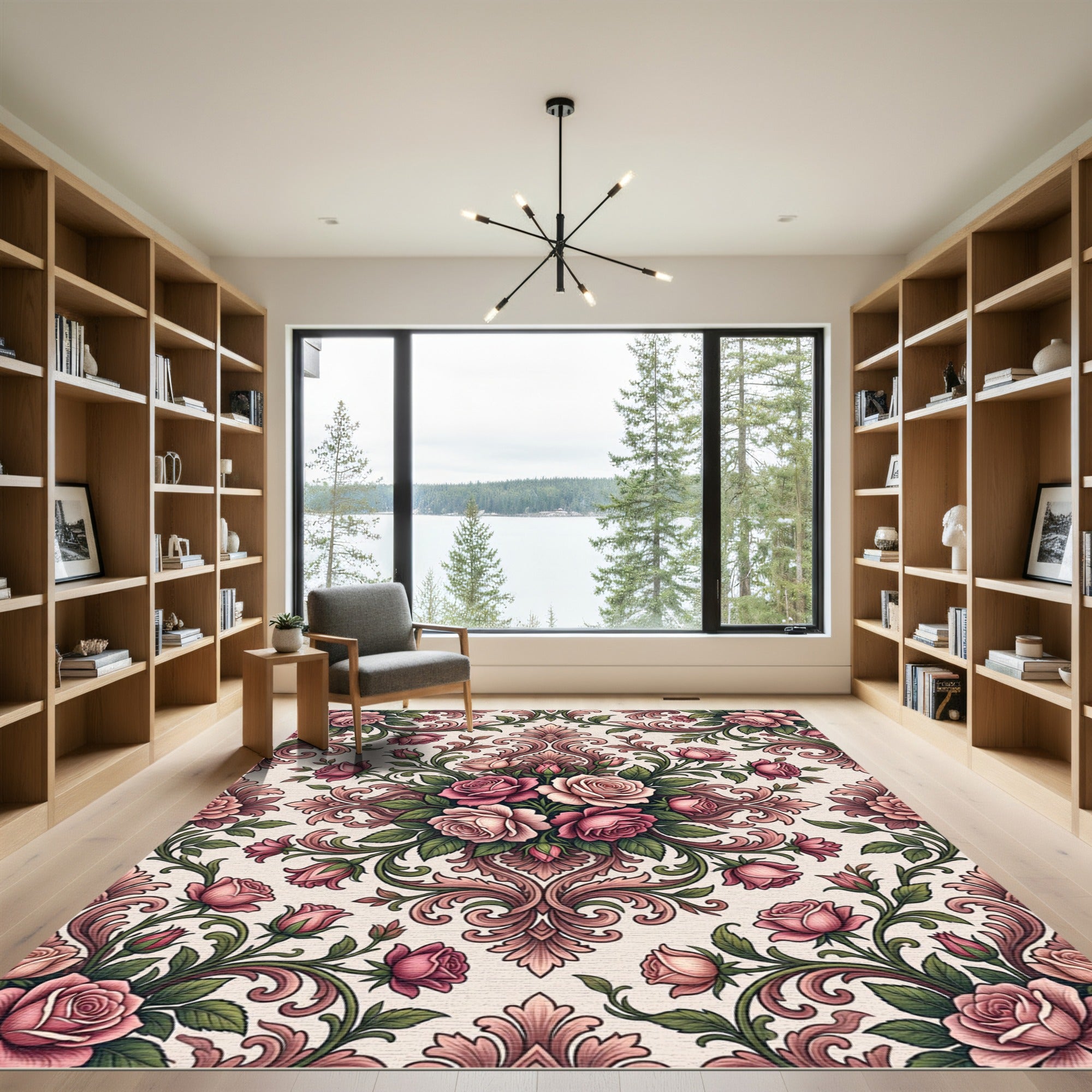Elegant Dusty Rose Floral Damask Rug