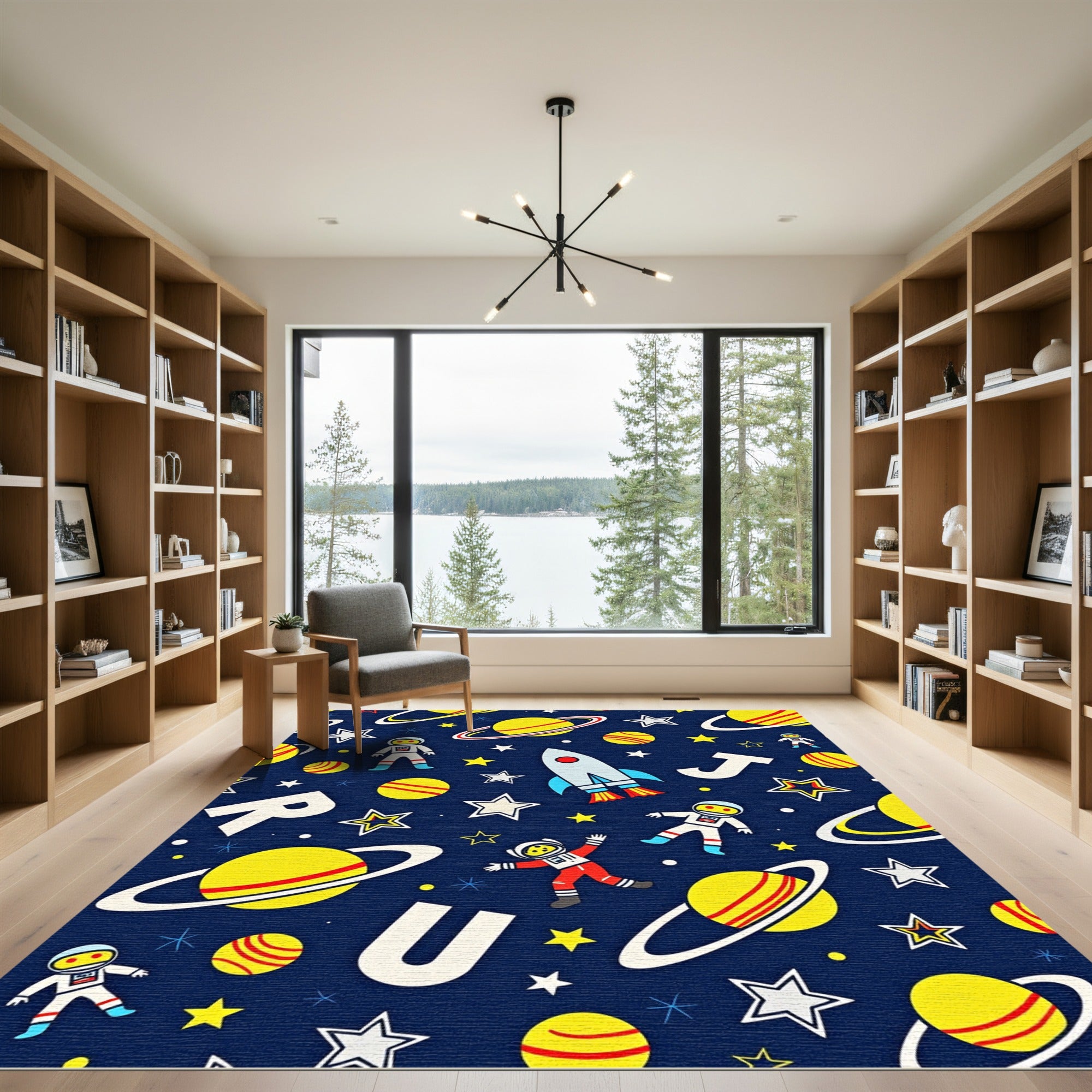 Cosmic Astronaut Rocket Planet Scene Rug