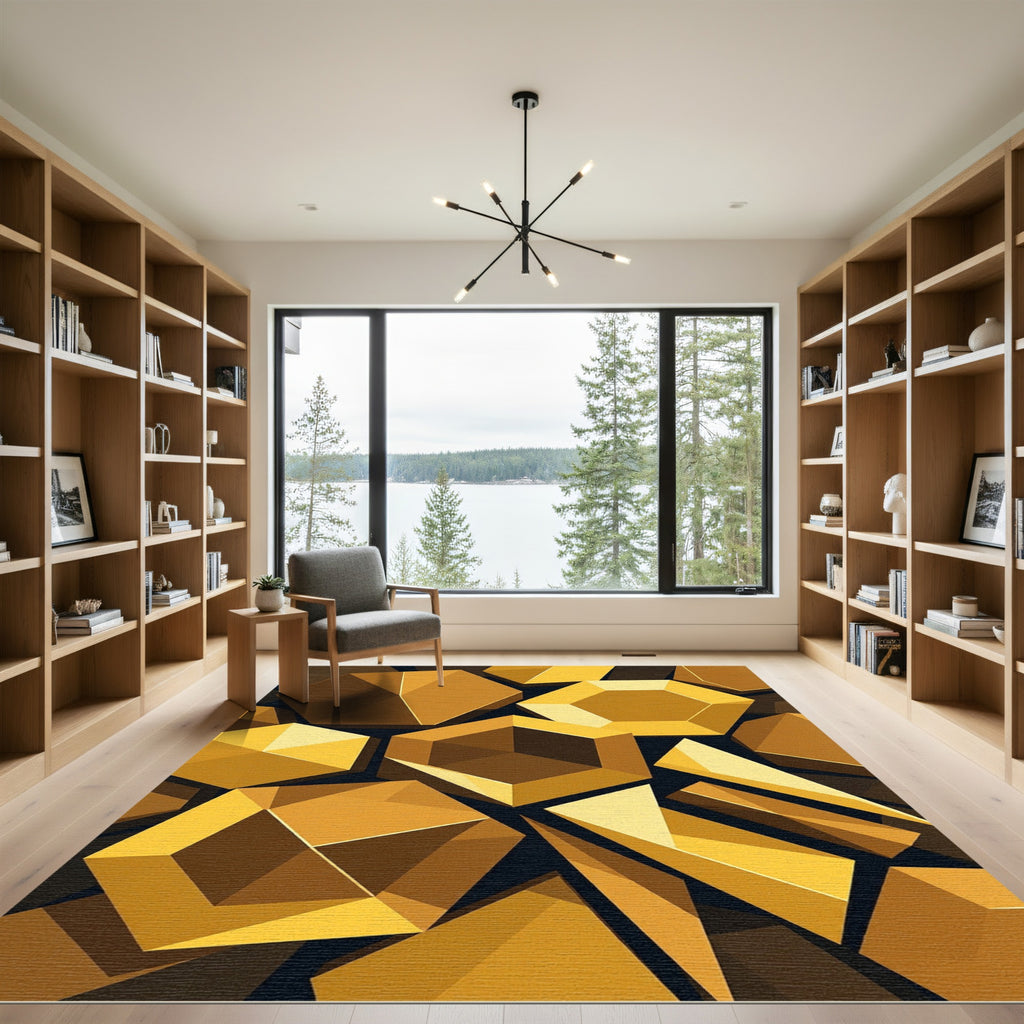Geometric Golden Hexagon Abstract Art Rug