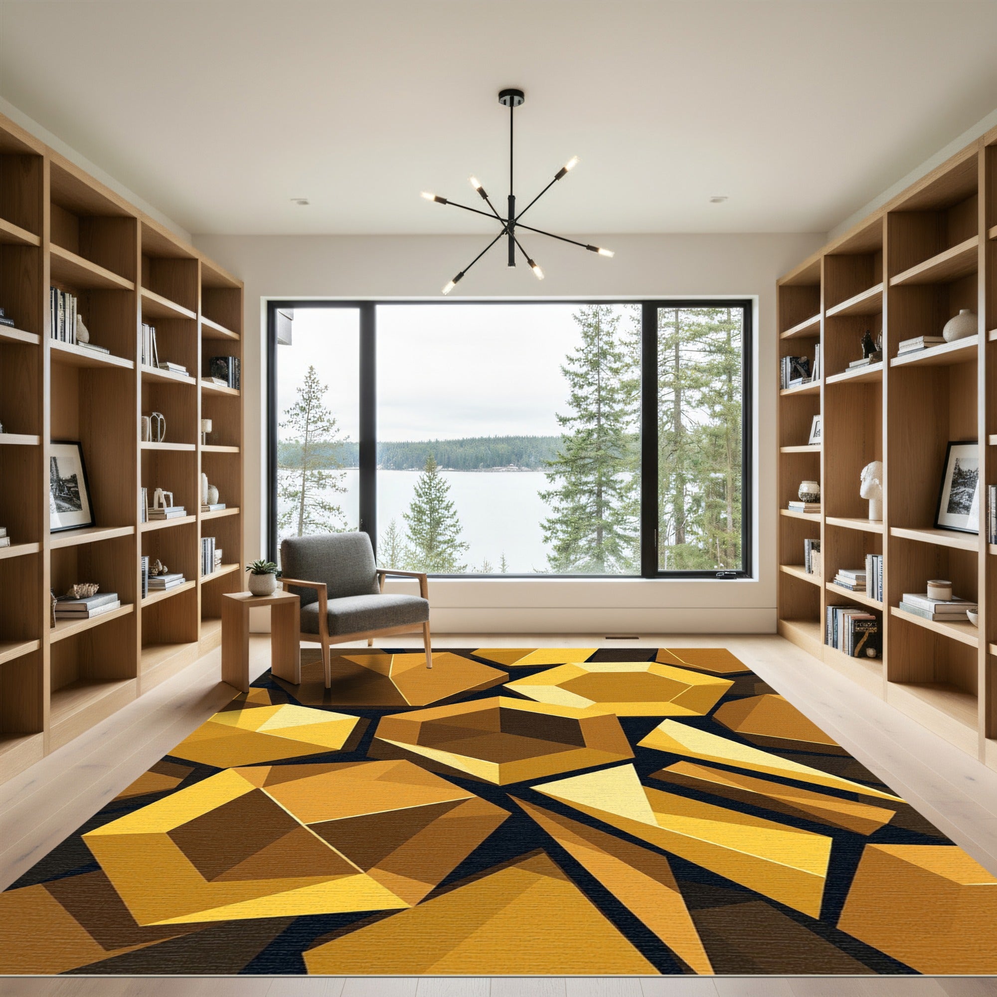 Geometric Golden Hexagon Abstract Art Rug
