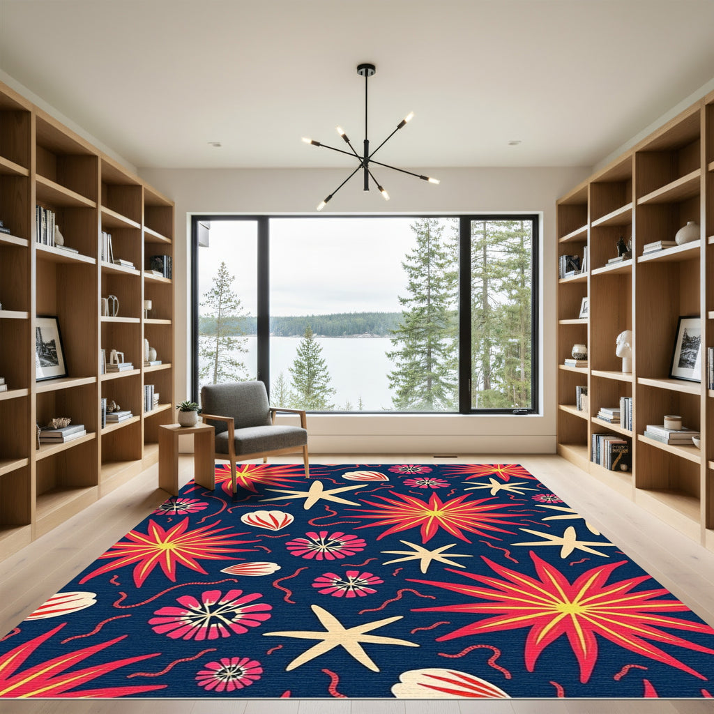 Crimson Starfish Shell Coral Background Rug