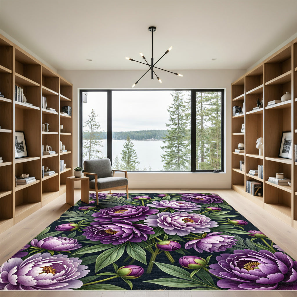 Lush Purple Peony Floral Botanical Arrangement Rug