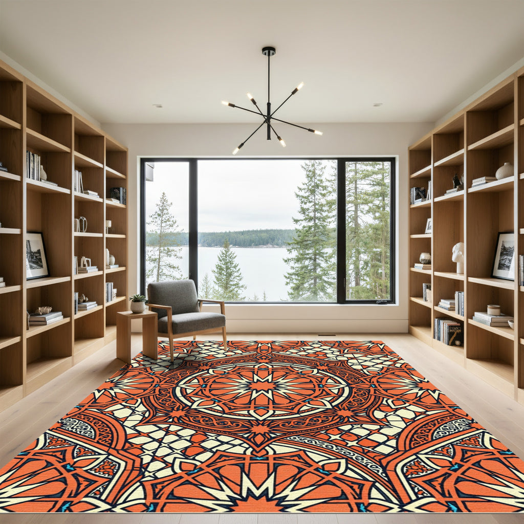 Burnt Orange Geometric Radial Medallion Rug