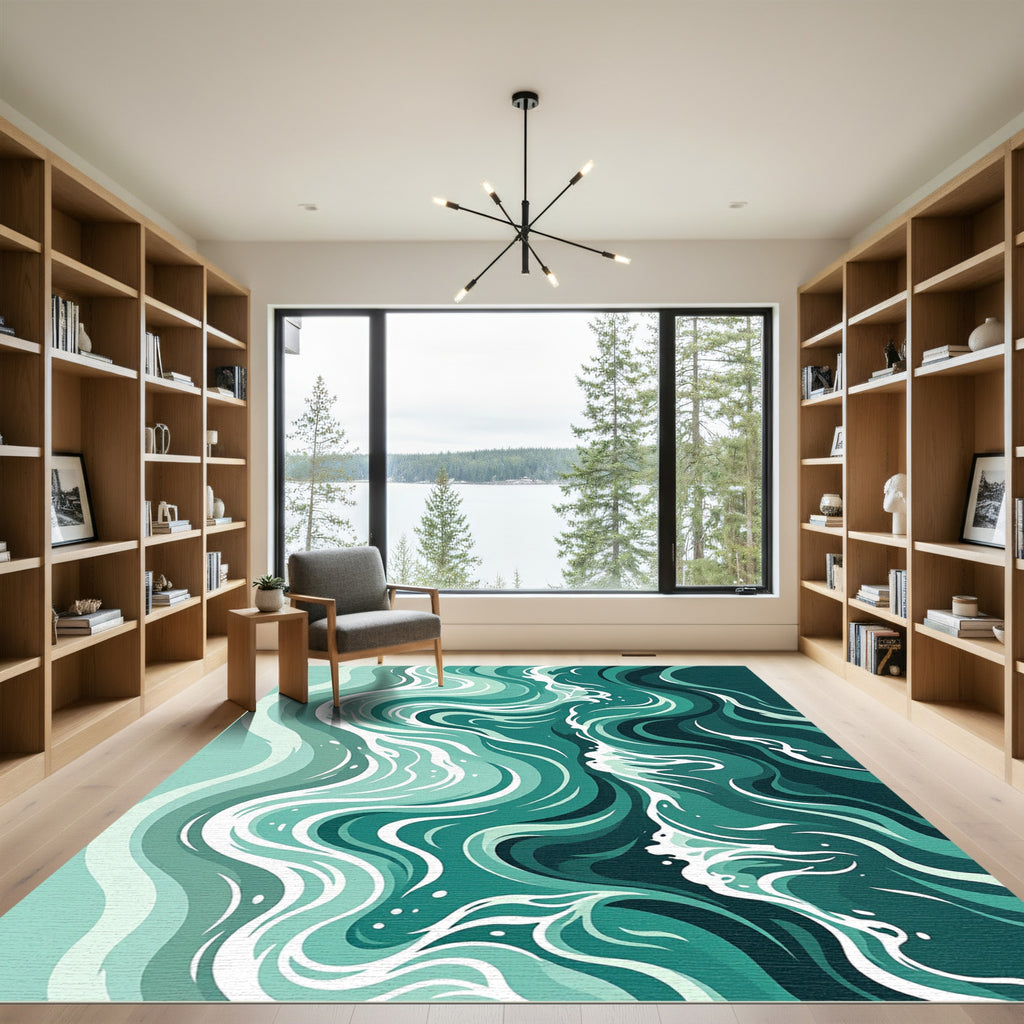 Abstract Teal Serene Ocean Wave Rug
