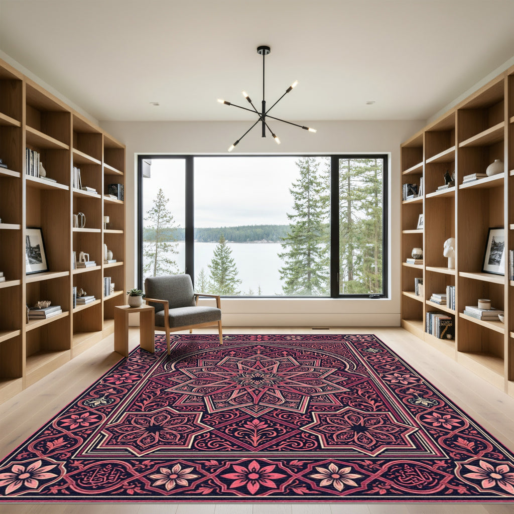 Ornate Pink and Gold Starburst Medallion Rug