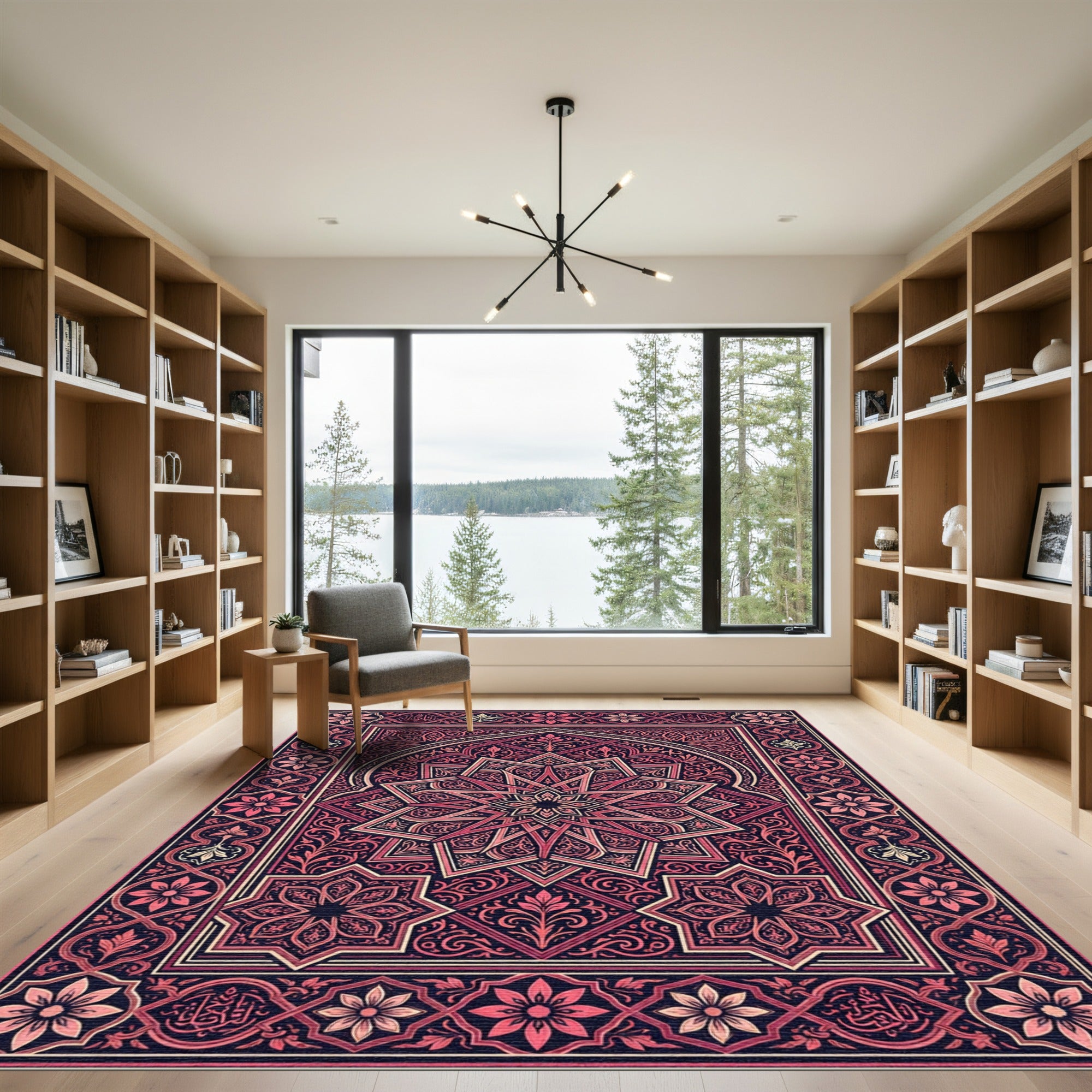 Ornate Pink and Gold Starburst Medallion Rug