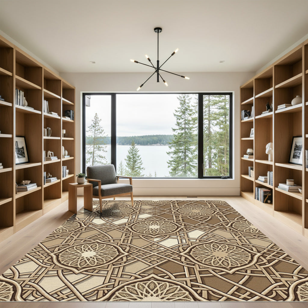 Elegant Beige Interlocking Geometric Mandala Rug