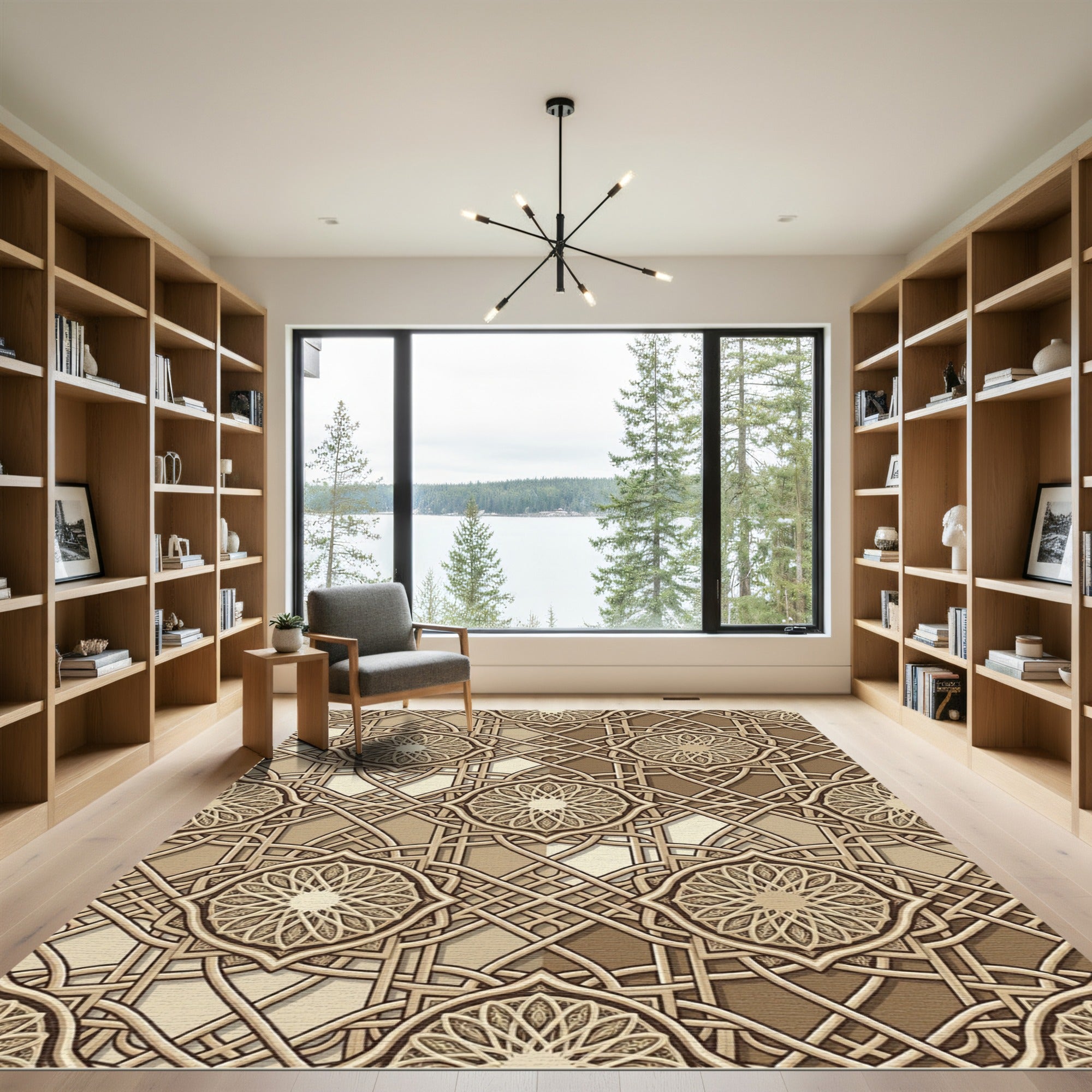Elegant Beige Interlocking Geometric Mandala Rug