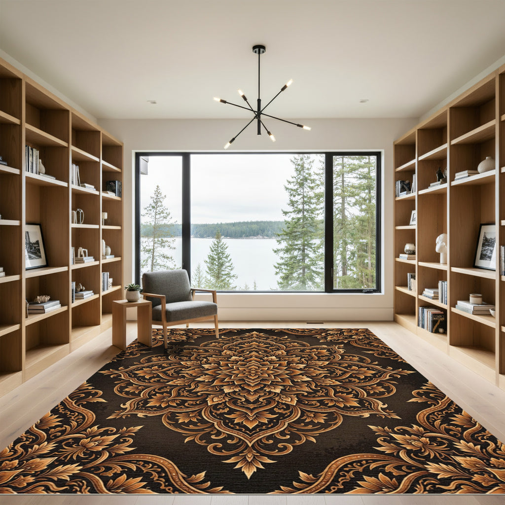 Golden Ornate Floral Baroque Medallion Rug