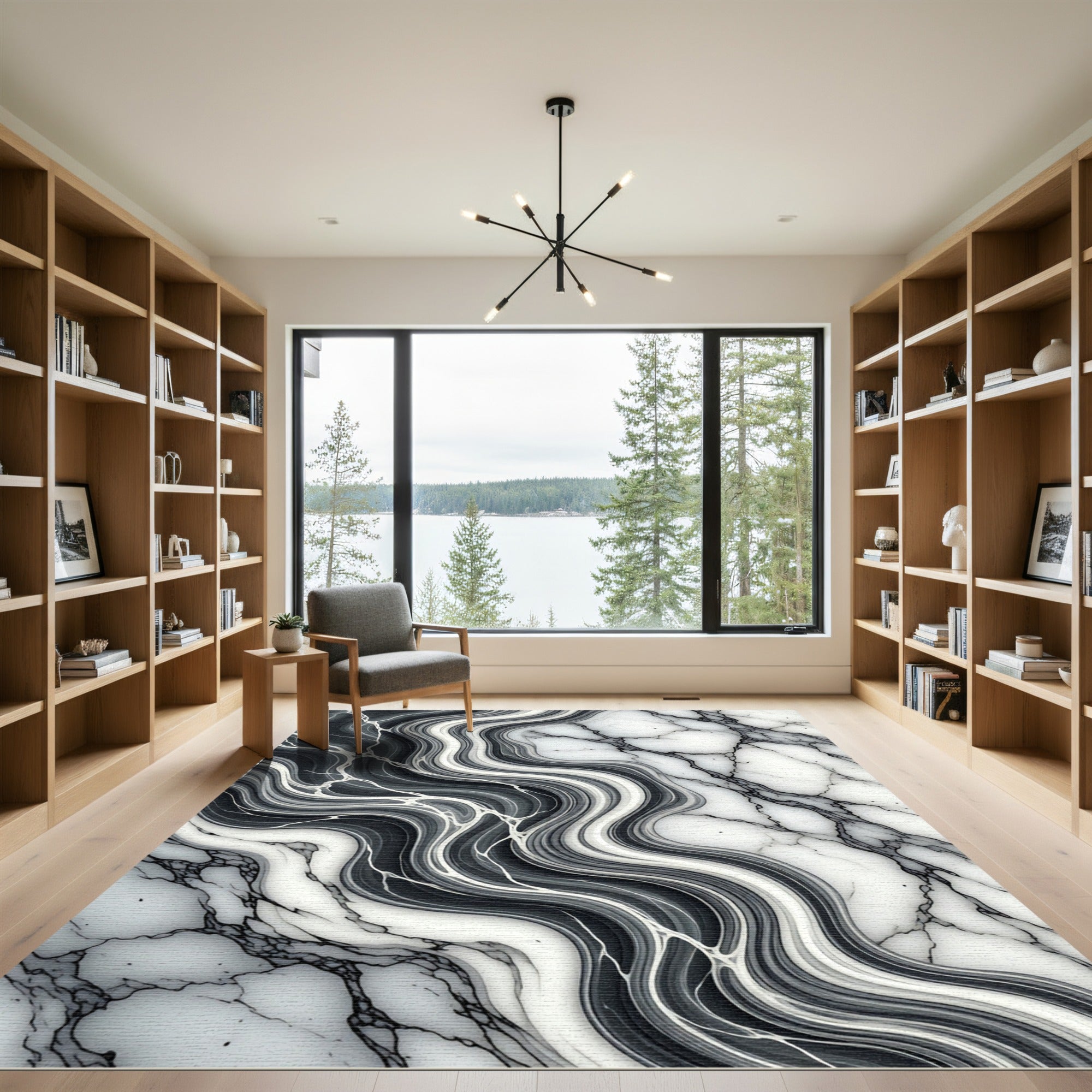 Modern Monochromatic Abstract Marble Swirl Rug