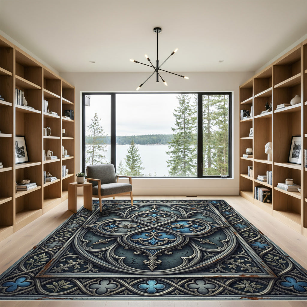 Gothic Blue Silver Antiqued Quatrefoil Medallion Rug