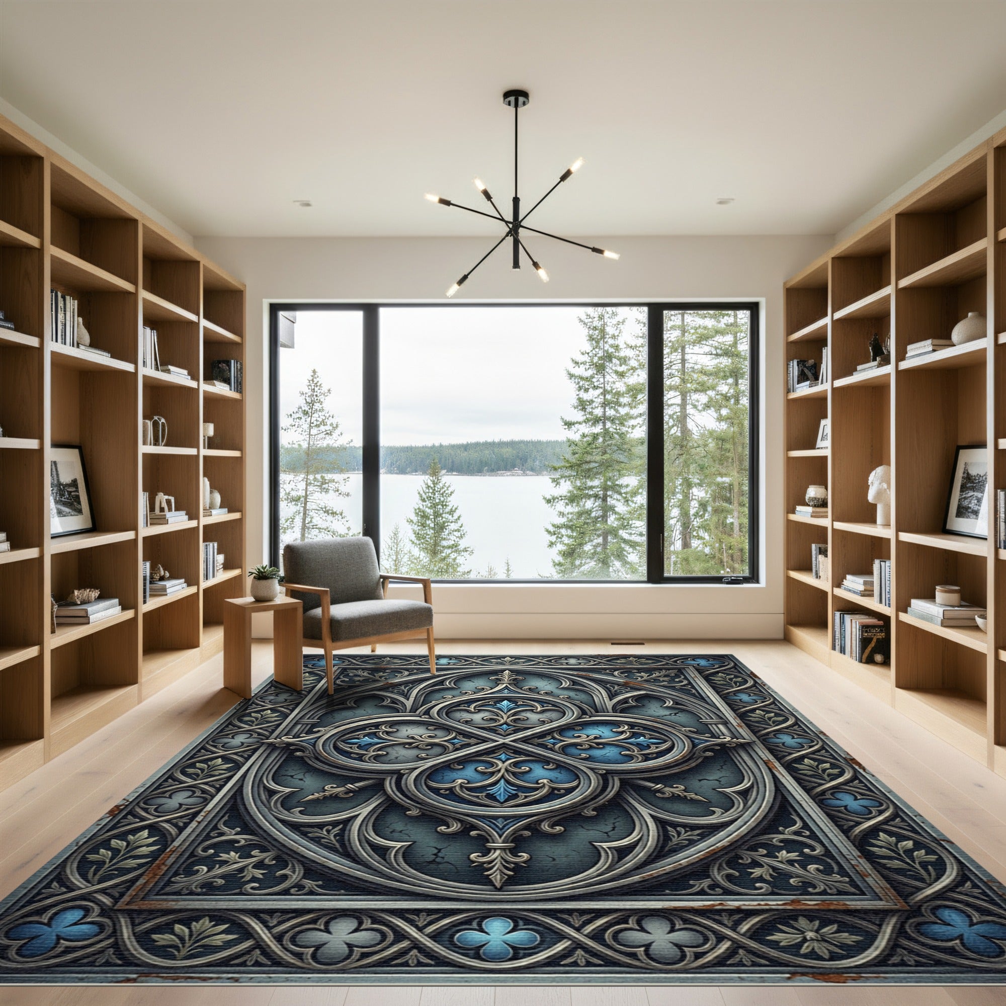 Gothic Blue Silver Antiqued Quatrefoil Medallion Rug
