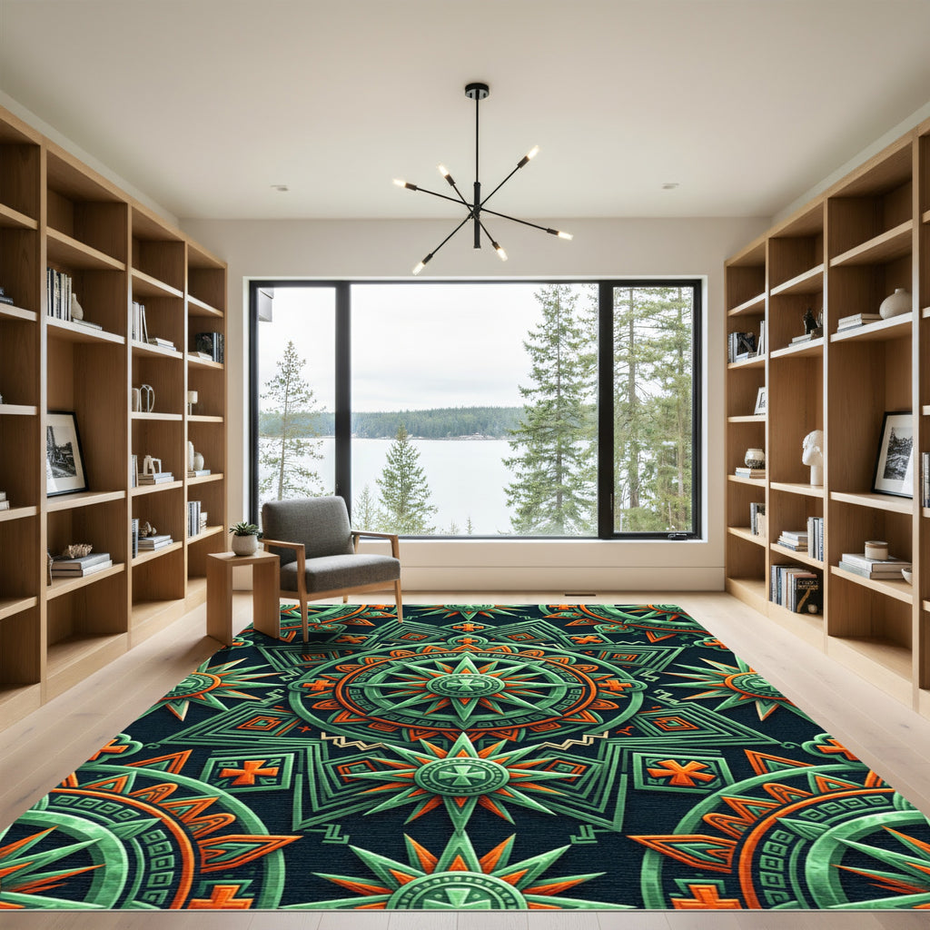 Aztec Emerald and Orange Compass Medallion Rug