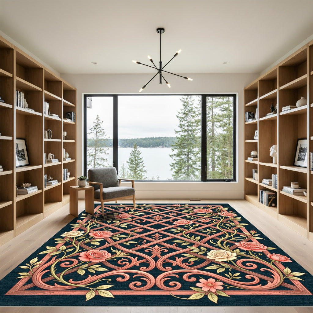 Coral Rose Trellis Scrollwork Rug