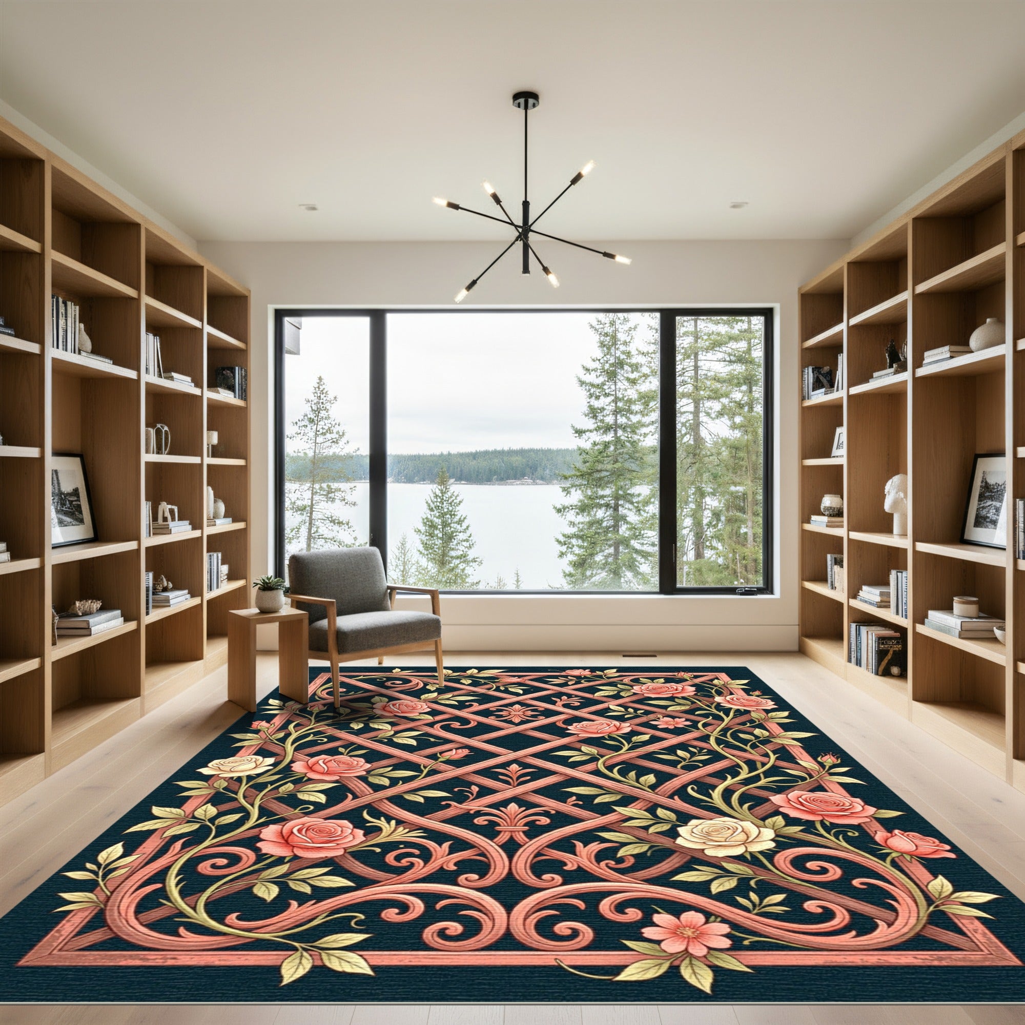 Coral Rose Trellis Scrollwork Rug