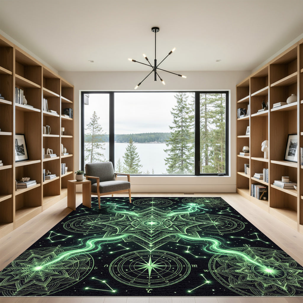 Luminous Celestial Green Mandala Starry Tapestry Rug