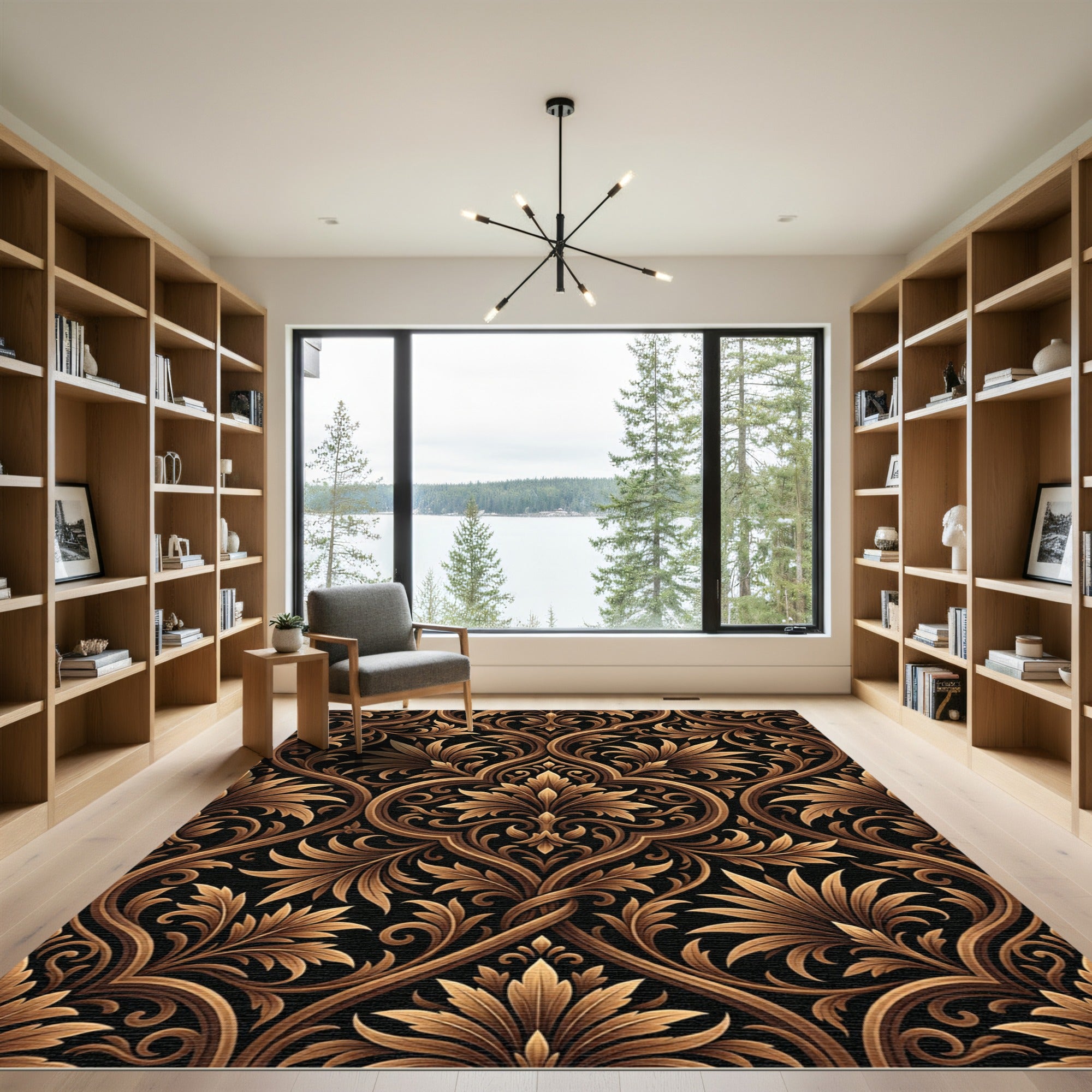 Luxurious Gold Damask Ornate Foliage Rug