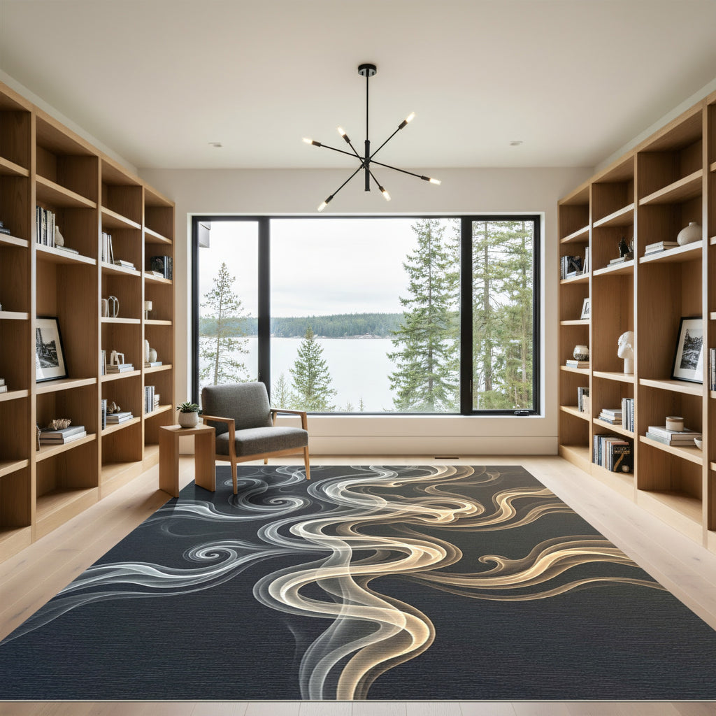Ethereal Gold and Silver Smoke Swirl Rug