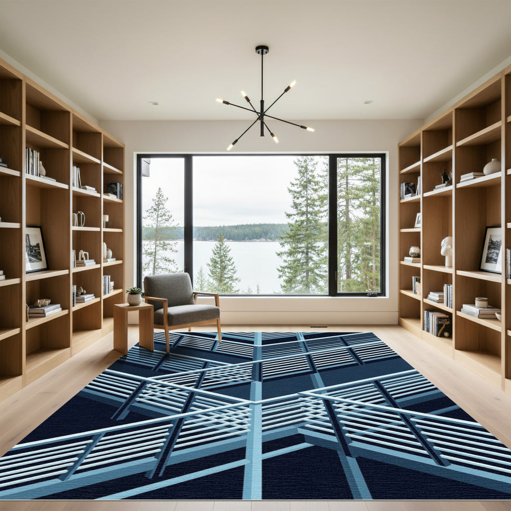 Modern Isometric Blue Architectural Lattice Rug