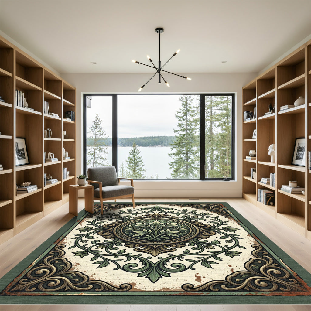 Elegant Sage Ornate Damask Medallion Rug