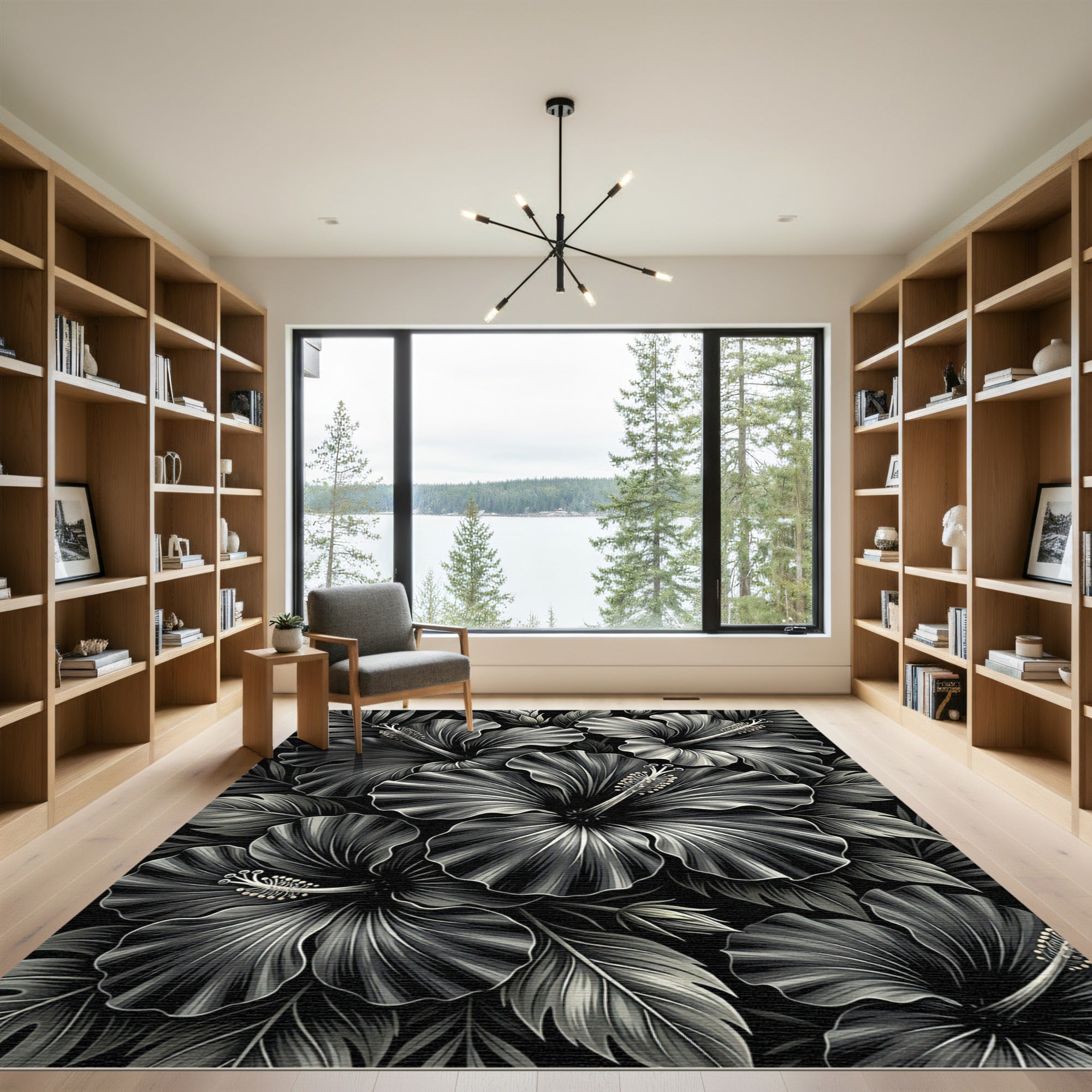 Monochromatic Hibiscus Floral Garden Art Rug