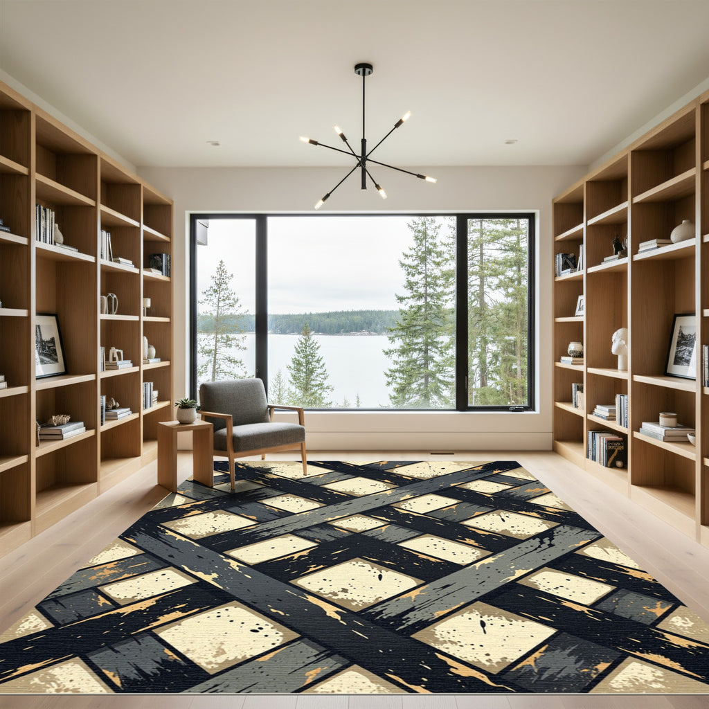 Distressed Charcoal and Cream Grid Rug