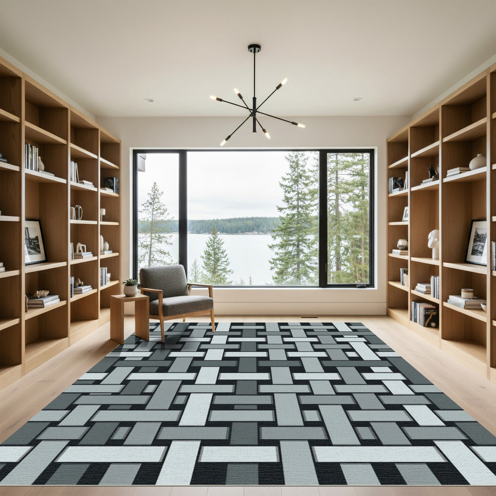 Gray Neutral Woven Interlocking Bands Rug
