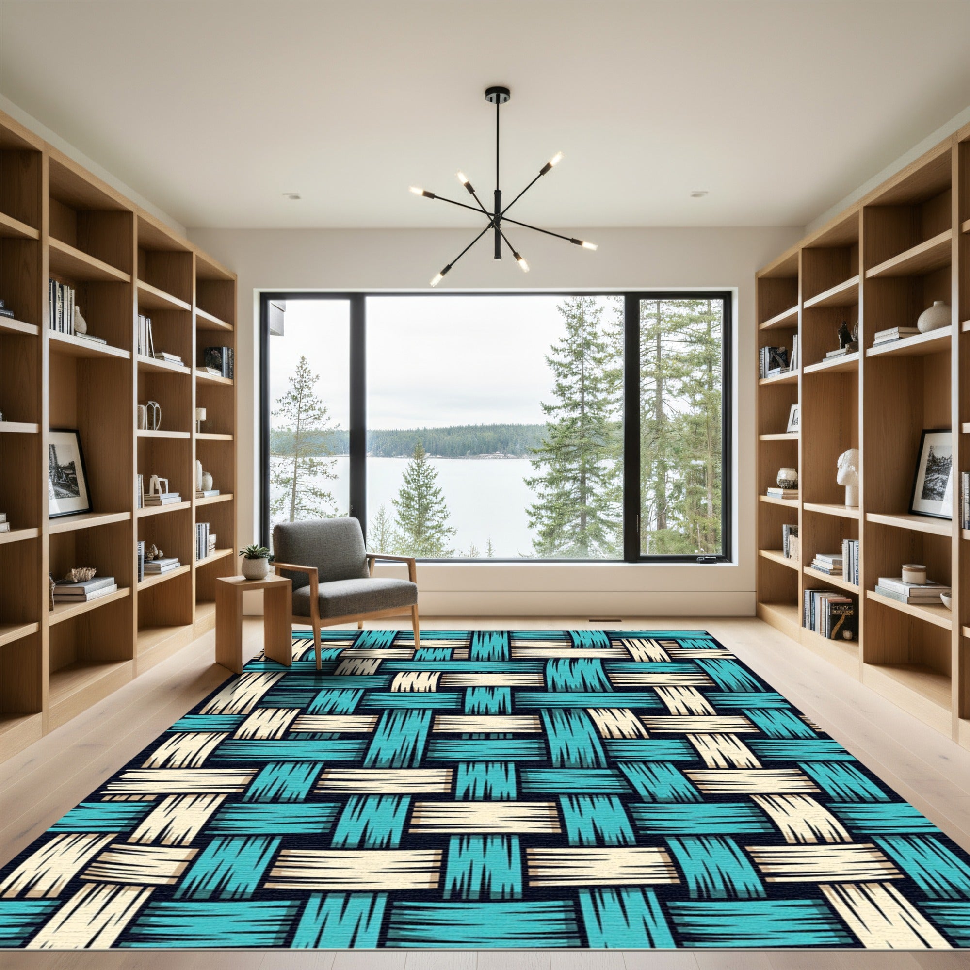 Teal and Cream Interwoven Woven Check Rug