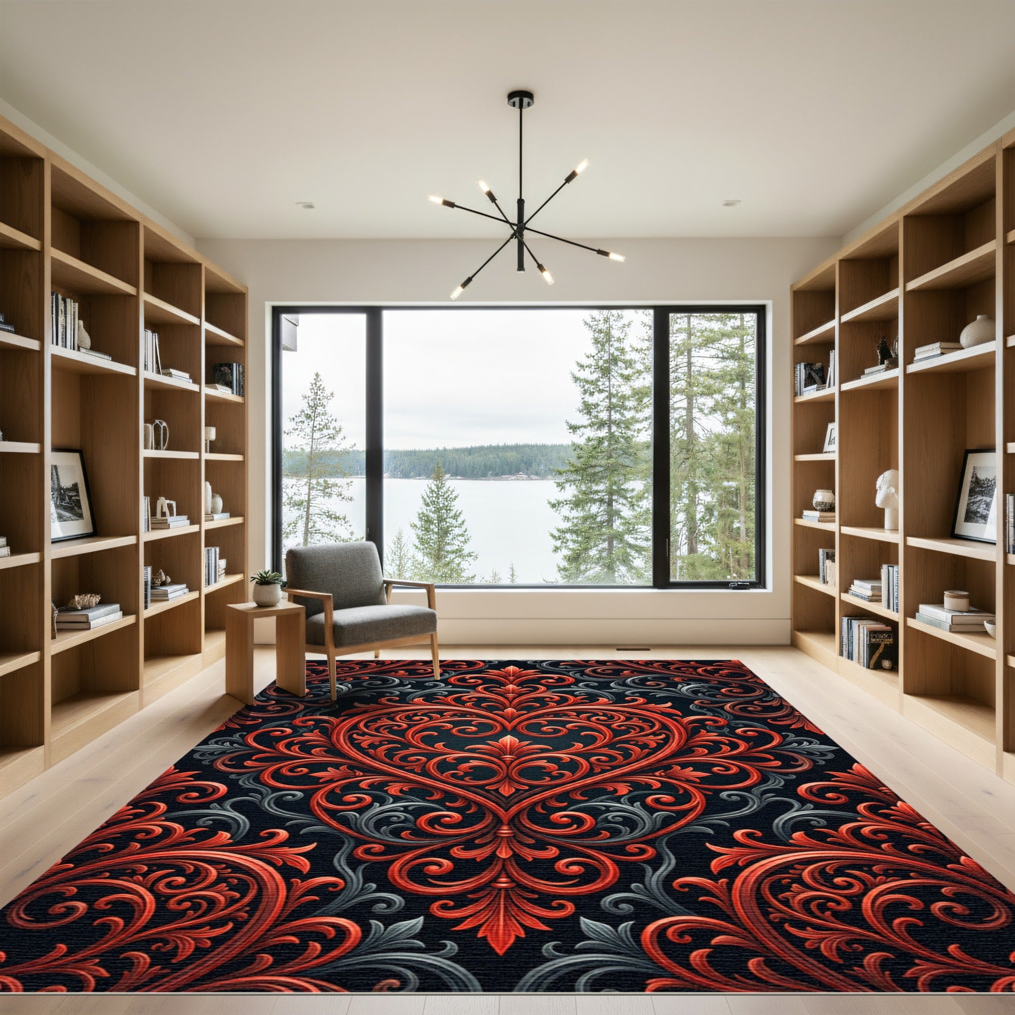 Ornate Red Scrollwork Floral Heart Rug