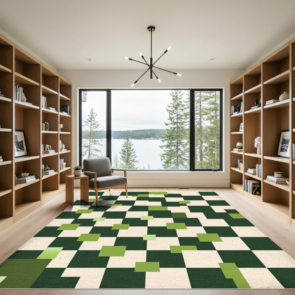 Green and Cream Checkerboard Squares Rug
