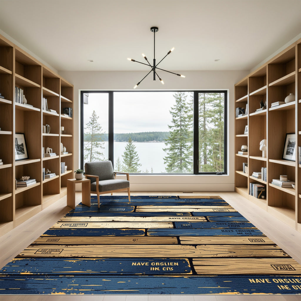 Rustic Navy Plank Distressed Weathered Aesthetic Rug