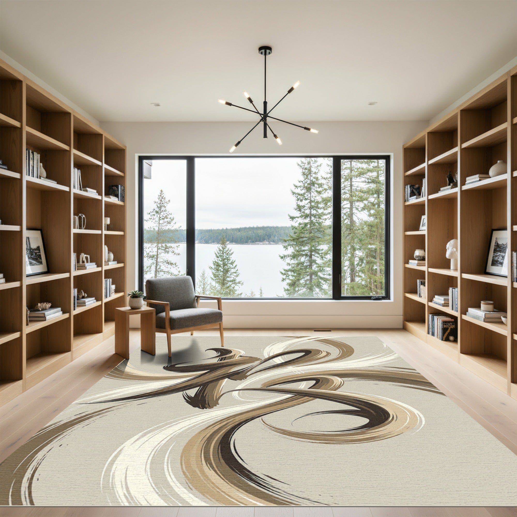 Brown And Cream Calligraphy Swirl Rug