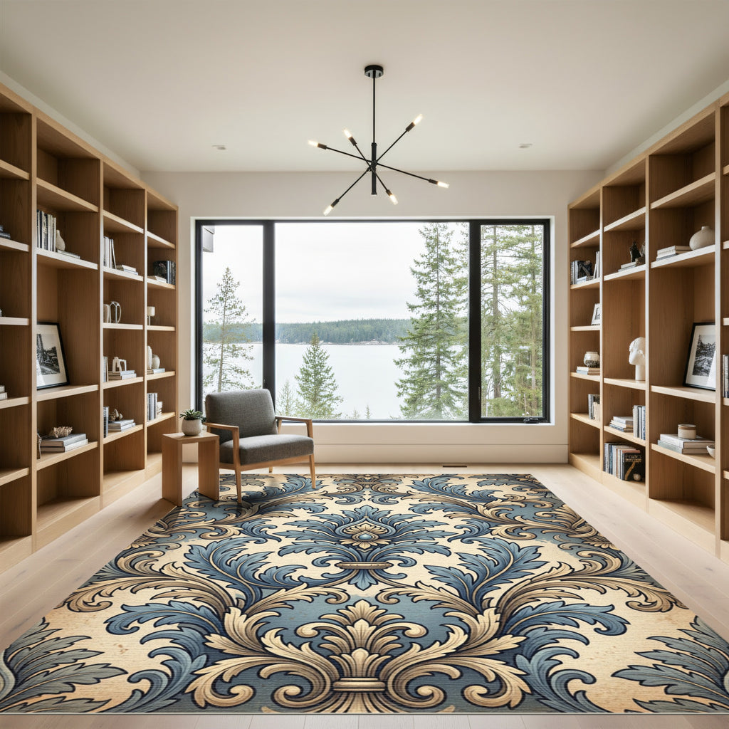 Blue and Beige Ornate Damask Scroll Rug