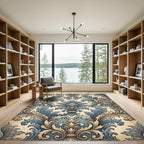 Blue and Beige Ornate Damask Scroll Rug