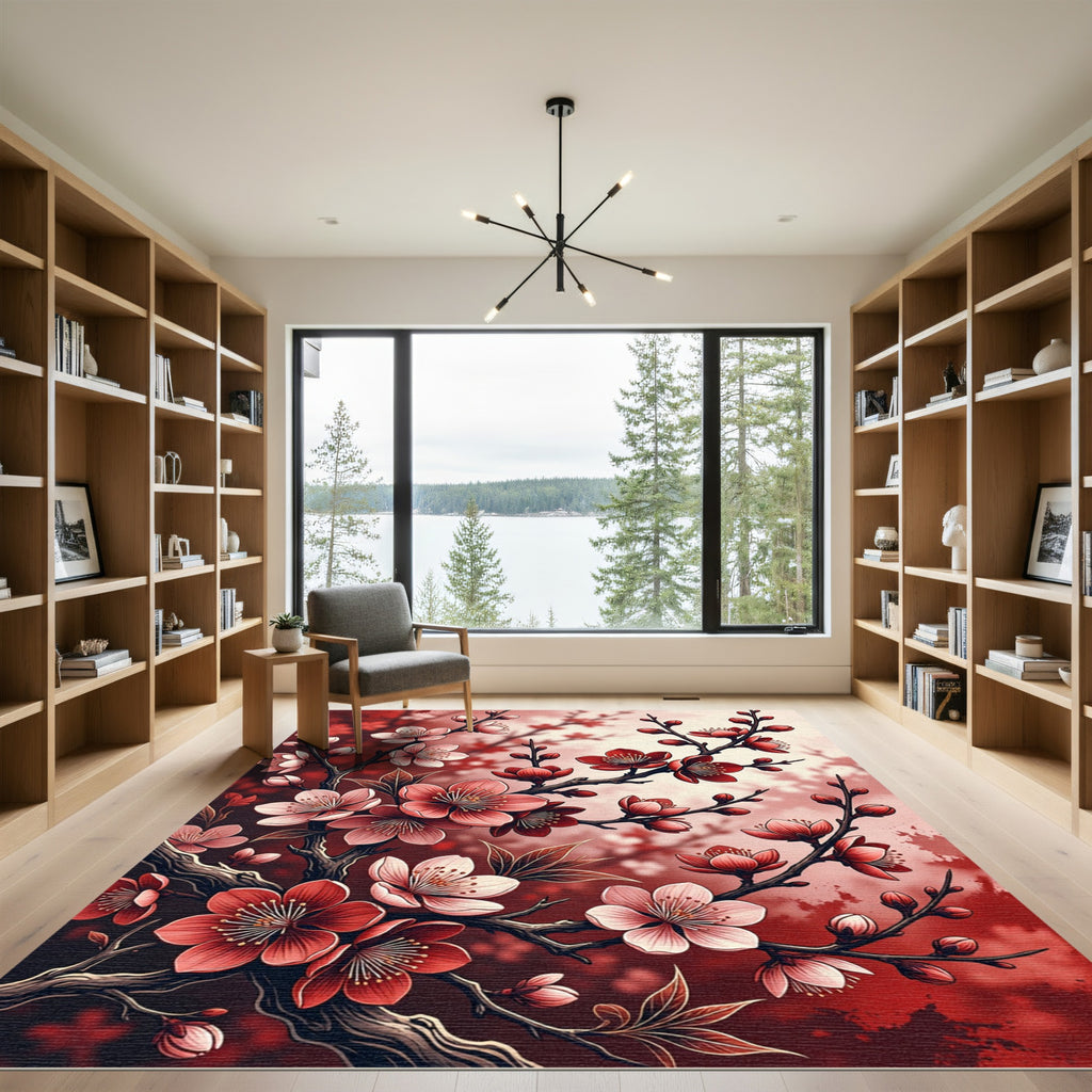 Crimson Cherry Blossom Branches Rug