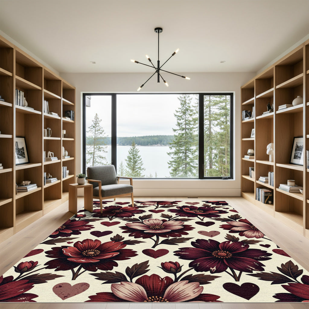 Romantic Crimson Floral Heart Tapestry Rug