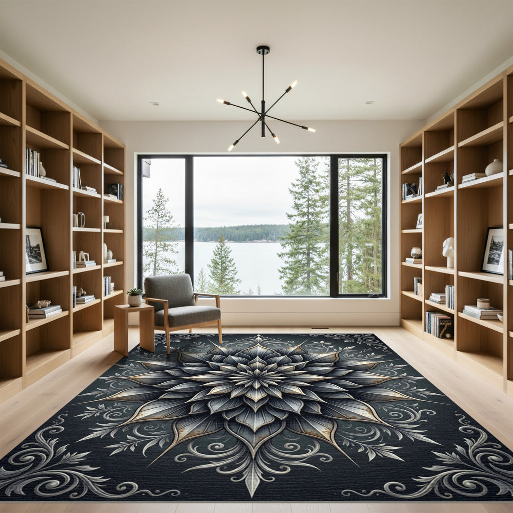 Gothic Silver Floral Mandala Medallion Rug