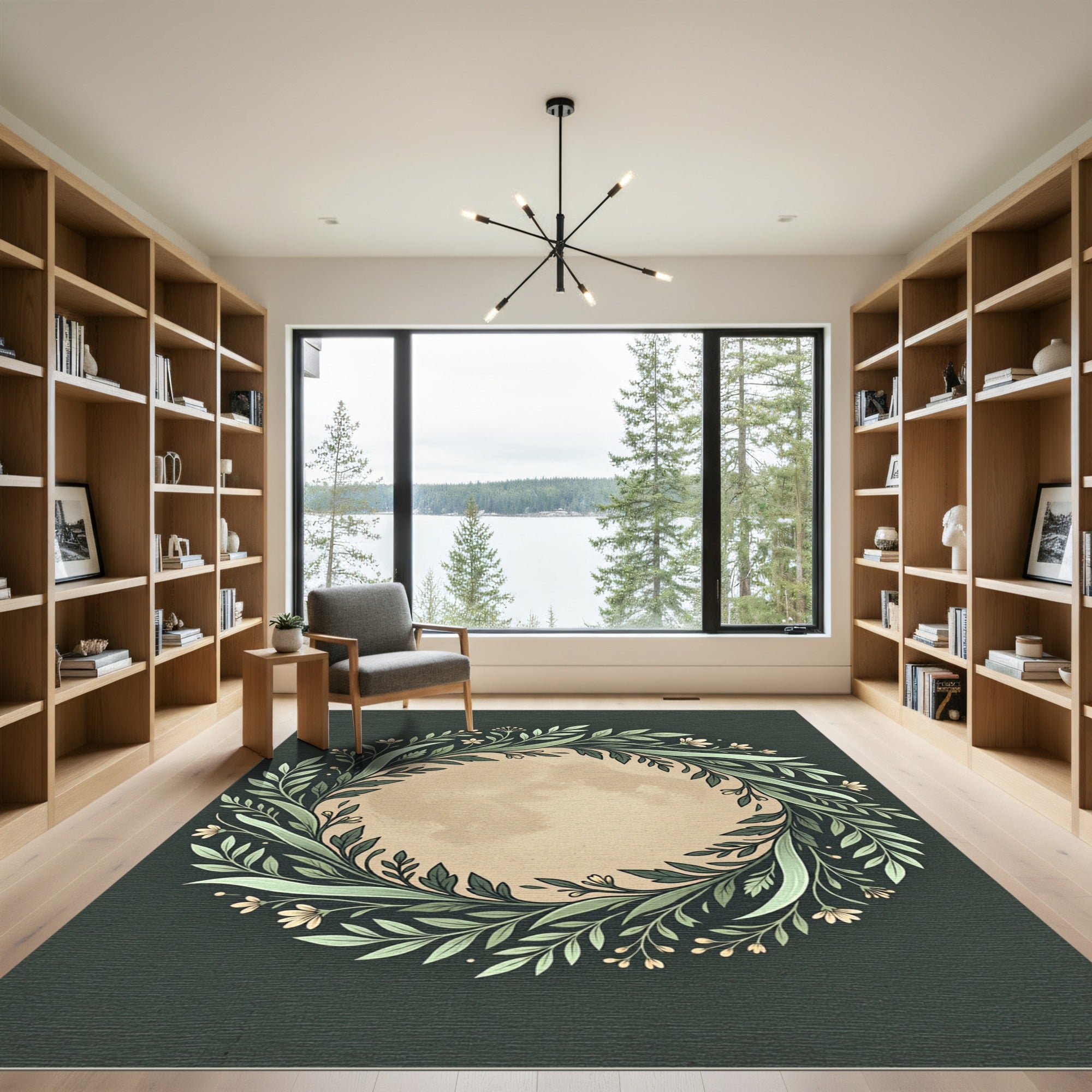 Green Floral Wreath Botanical Frame Rug