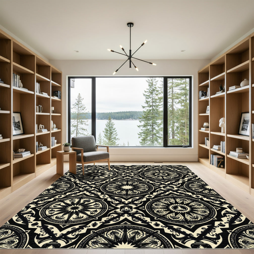 Black and Cream Geometric Medallion Lattice Rug