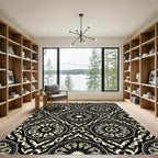 Black and Cream Geometric Medallion Lattice Rug
