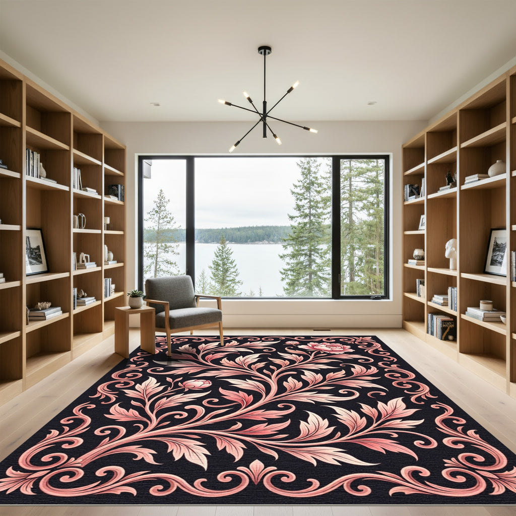 Pink Floral Acanthus Scroll Border Rug