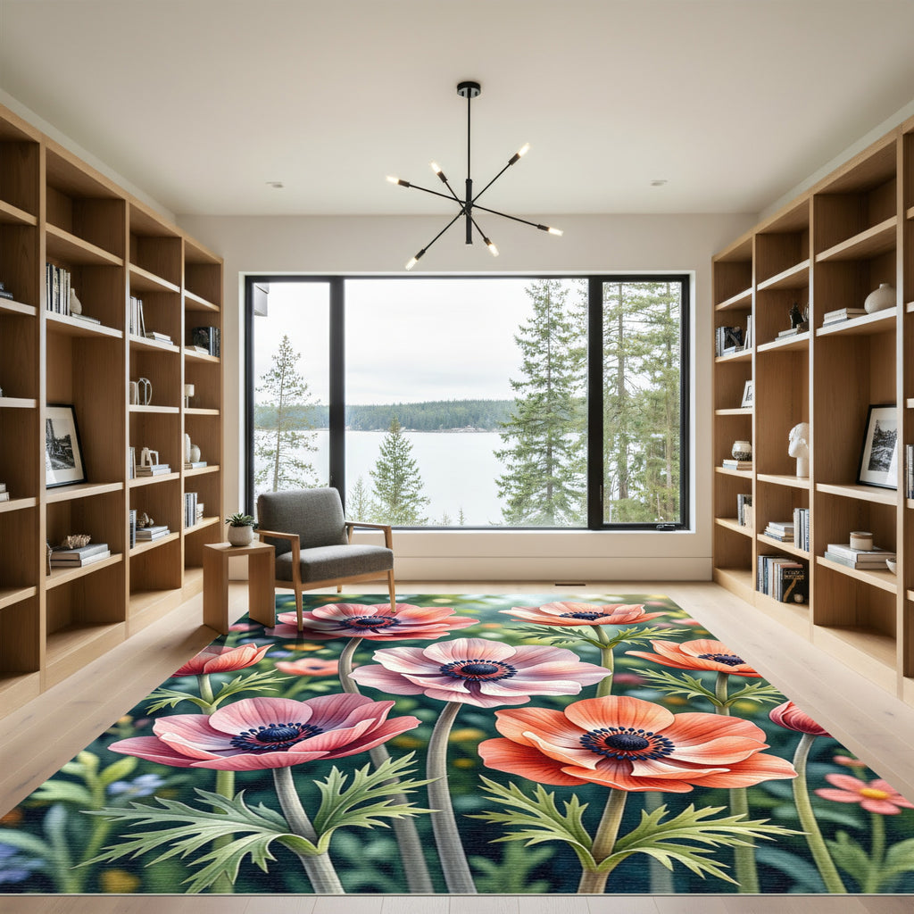 Soft Peach Anemone Floral Bloom Rug