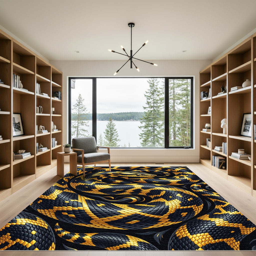 Golden Black Serpentine Abstract Coil Rug