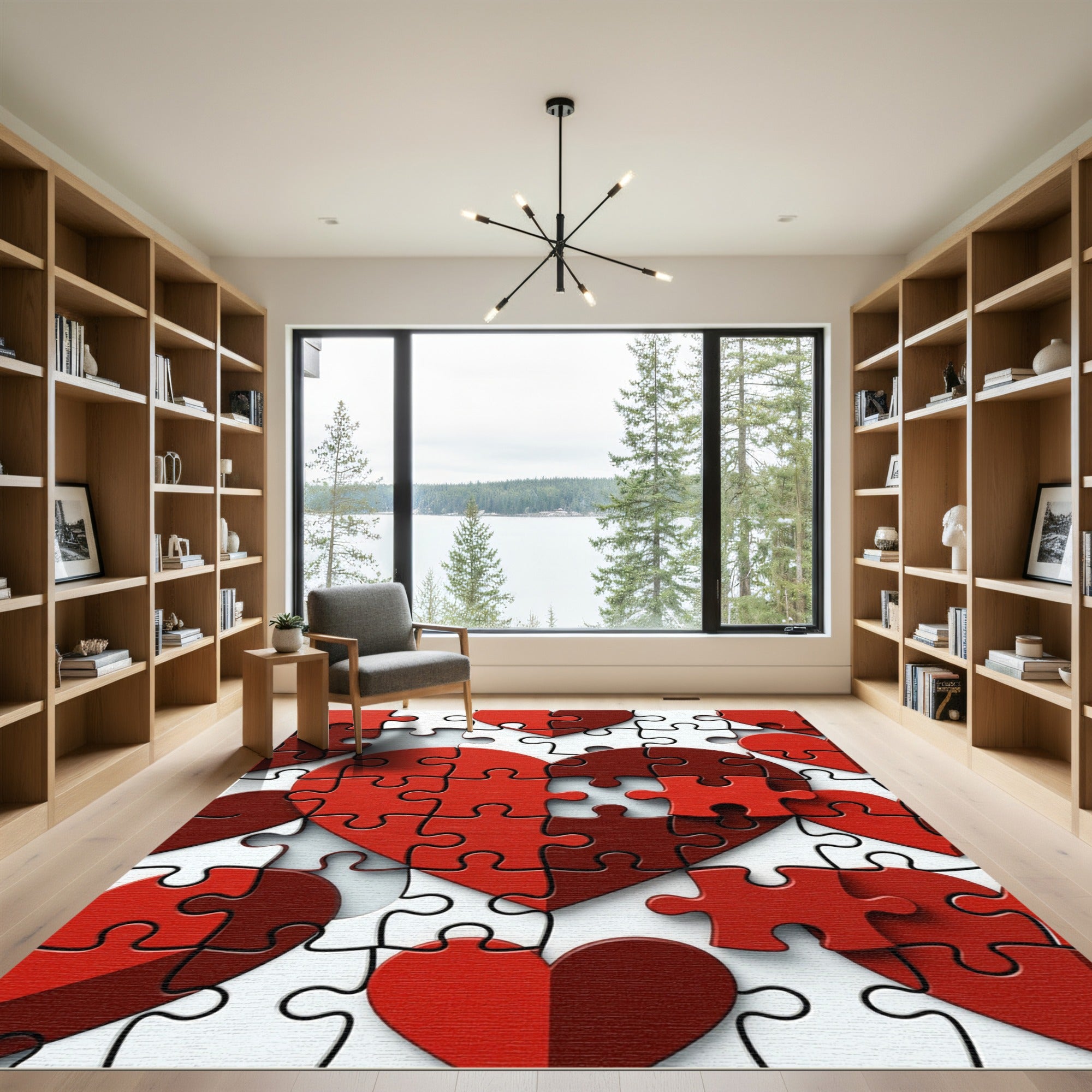 Crimson Heart Shaped Puzzle Collage Rug