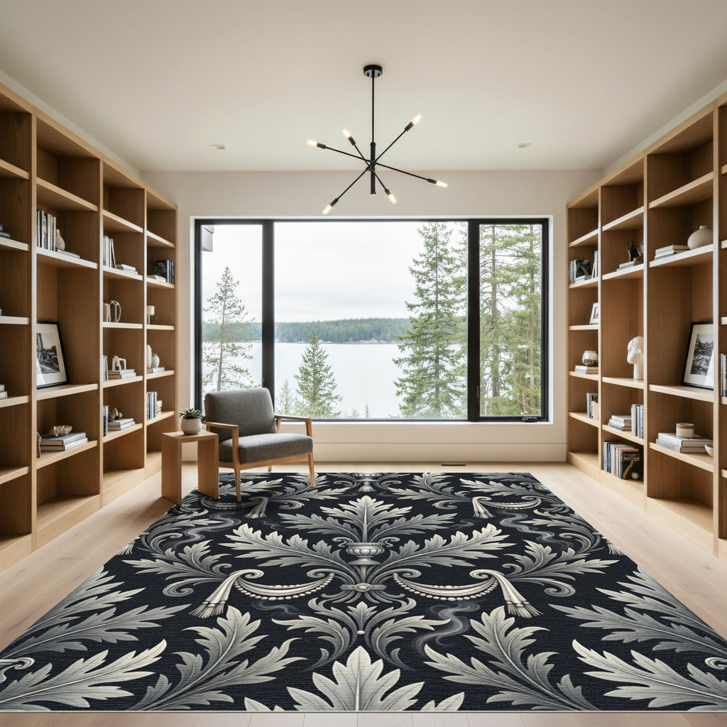 Ornate Black Silver Acanthus Scroll Rug